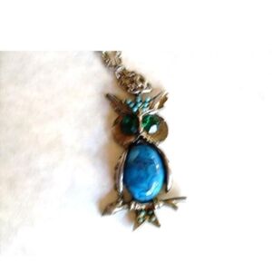 Vintage Owl Blue Cabochon Jelly Belly Silvertone Necklace